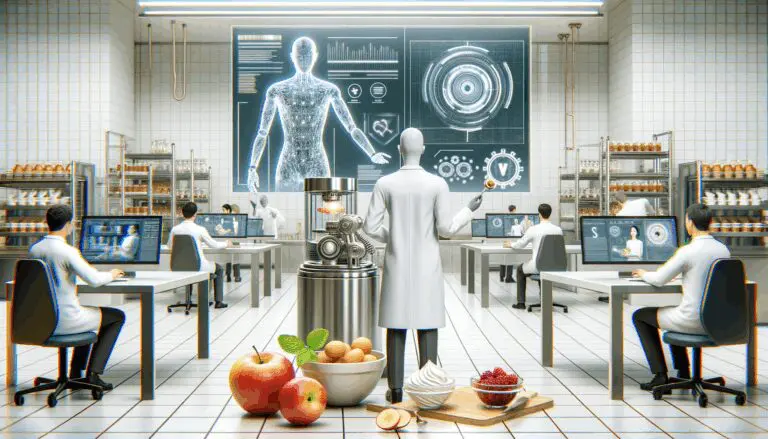 Equipo de trabajo en laboratorio tecnológico aplicando inteligencia artificial en procesos alimentarios