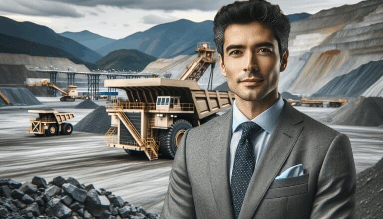 Retrato corporativo de un ejecutivo en una operación minera a cielo abierto, con maquinaria y montañas al fondo