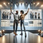 Dos emprendedores celebrando en un escenario moderno con iluminación tecnológica y pantallas de fondo