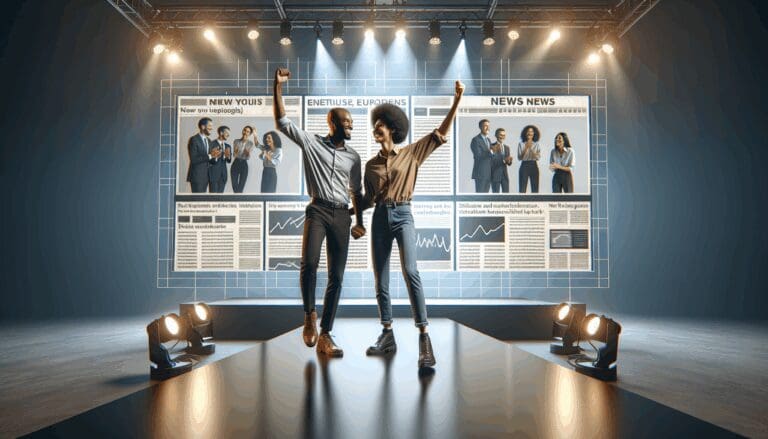 Dos emprendedores celebrando en un escenario moderno con iluminación tecnológica y pantallas de fondo
