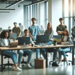 Jóvenes programadores trabajando en un proyecto de software en un espacio colaborativo moderno