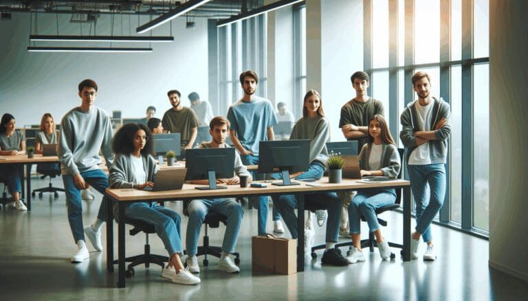 Jóvenes programadores trabajando en un proyecto de software en un espacio colaborativo moderno