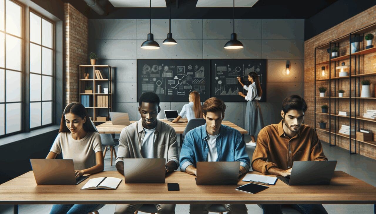 Tres jóvenes emprendedores trabajando en laptops en una oficina moderna con pizarras y pantallas tecnológicas.
