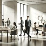 Espacio de trabajo moderno con empleados colaborando en una oficina.