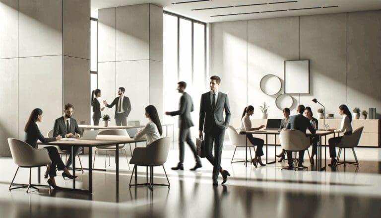 Espacio de trabajo moderno con empleados colaborando en una oficina.