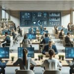 Oficina moderna con emprendedores trabajando en laptops y pantallas con dashboards digitales