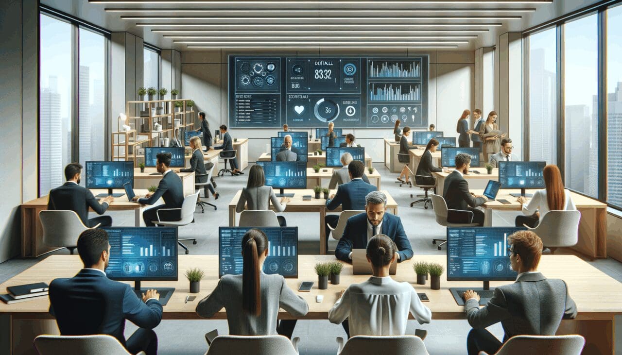 Oficina moderna con emprendedores trabajando en laptops y pantallas con dashboards digitales