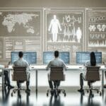 Equipo de desarrolladores revisando datos médicos en pantallas digitales en un entorno tecnológico moderno