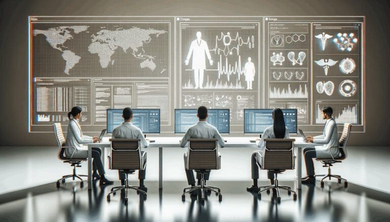 Equipo de desarrolladores revisando datos médicos en pantallas digitales en un entorno tecnológico moderno