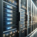 Primer plano de servidores de datos con luces LED en un centro tecnológico moderno