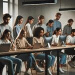 Personas jóvenes en una sala de coworking colaborando frente a pantallas digitales