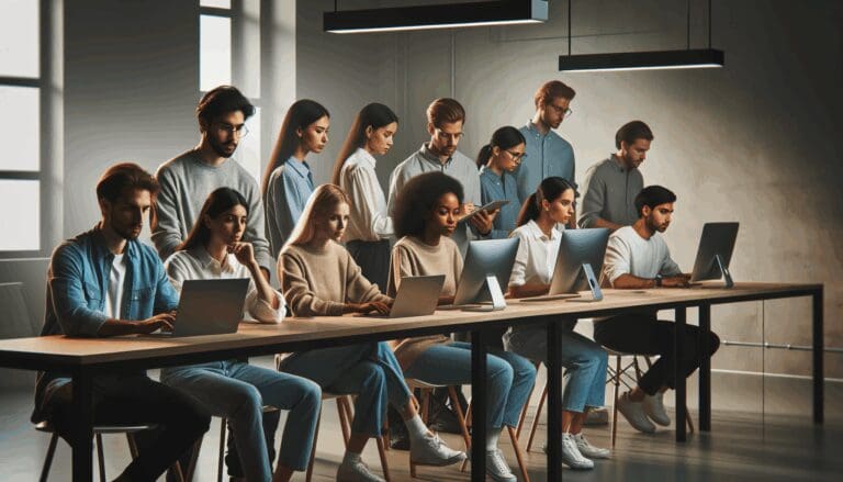 Personas jóvenes en una sala de coworking colaborando frente a pantallas digitales
