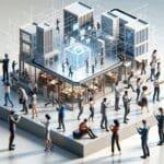 Render conceptual de un entorno virtual móvil con personas interactuando desde smartphones