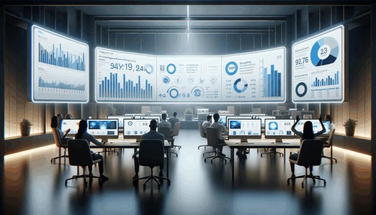 Oficina moderna con pantallas mostrando estadísticas de campañas publicitarias digitales