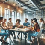 Grupo de jóvenes emprendedores reunidos en un espacio de coworking moderno trabajando en una idea innovadora