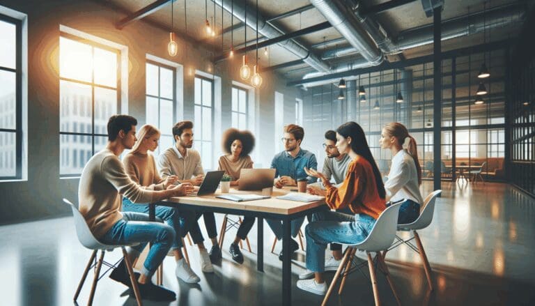 Grupo de jóvenes emprendedores reunidos en un espacio de coworking moderno trabajando en una idea innovadora