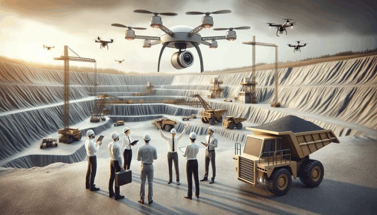 Equipo de ingenieros trabajando con sensores y drones en una mina a cielo abierto