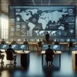 Sala tecnológica con pantallas de ciberseguridad y analistas trabajando en tiempo real