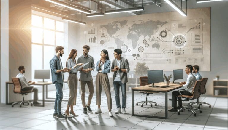 Equipo multicultural colaborando en una oficina moderna con ambiente tecnológico