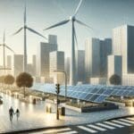 Paneles solares y turbinas eólicas en un entorno urbano moderno