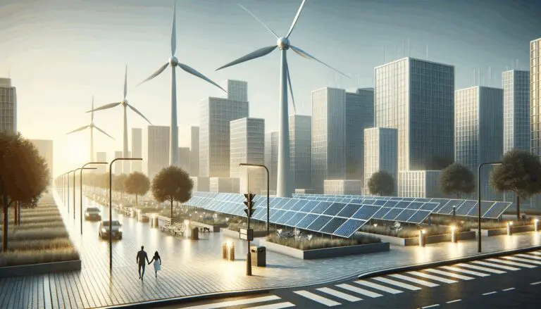 Paneles solares y turbinas eólicas en un entorno urbano moderno
