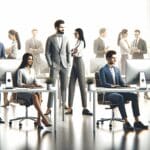 Oficina moderna con emprendedores colaborando frente a computadoras