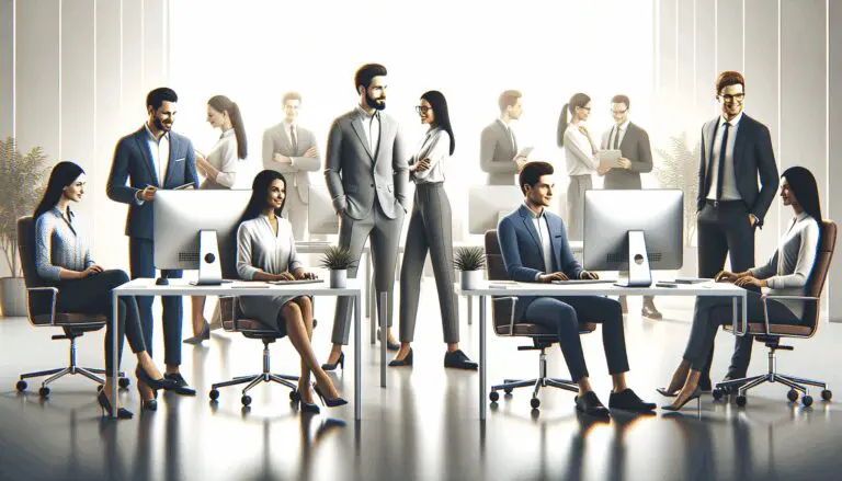 Oficina moderna con emprendedores colaborando frente a computadoras