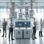 Equipo de emprendedores en laboratorio tecnológico con reactores y pantallas de análisis energético