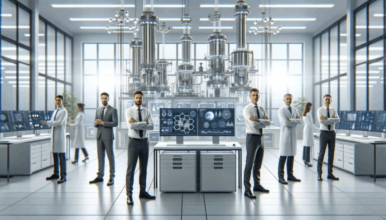 Equipo de emprendedores en laboratorio tecnológico con reactores y pantallas de análisis energético