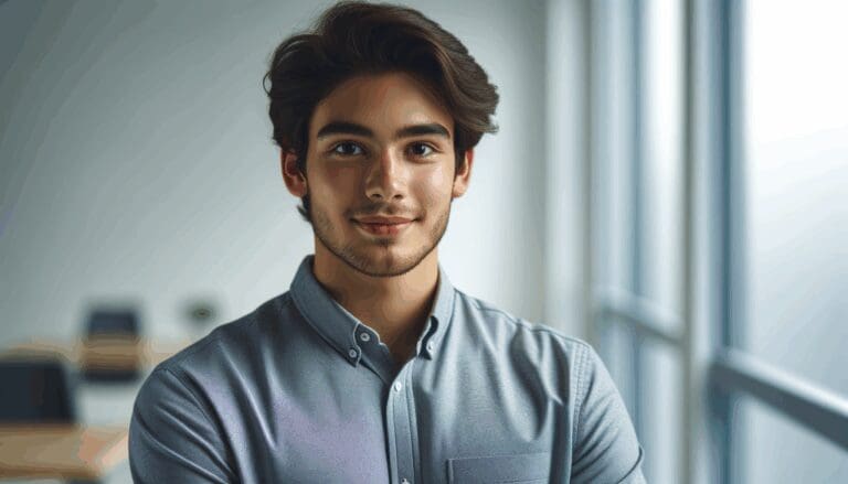 Retrato de un emprendedor chileno joven en un entorno de oficina moderna