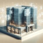 Render minimalista de un edificio moderno digitalizado con gráficos blockchain superpuestos