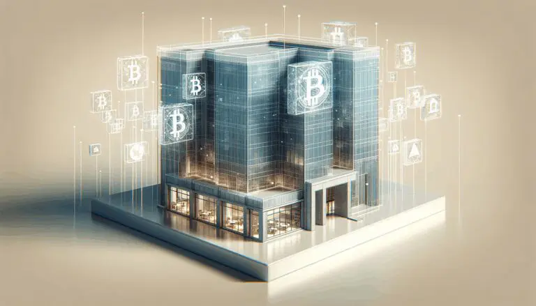 Render minimalista de un edificio moderno digitalizado con gráficos blockchain superpuestos