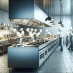 Cocina comercial moderna con equipos de acero y actividad en preparación de alimentos