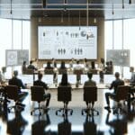 Equipo de desarrolladores en una reunión dentro de una oficina moderna, con pantallas y pizarras digitales