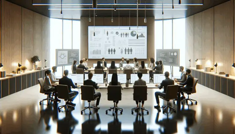 Equipo de desarrolladores en una reunión dentro de una oficina moderna, con pantallas y pizarras digitales