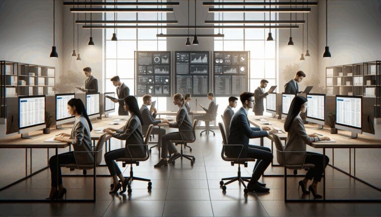 Oficina moderna con equipo joven trabajando frente a pantallas con datos y correos digitales