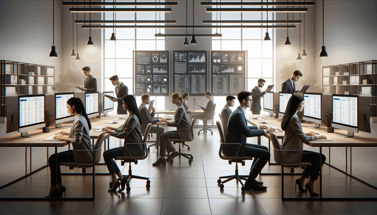 Oficina moderna con equipo joven trabajando frente a pantallas con datos y correos digitales