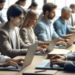 Primer plano de emprendedores trabajando frente a laptops en una oficina moderna