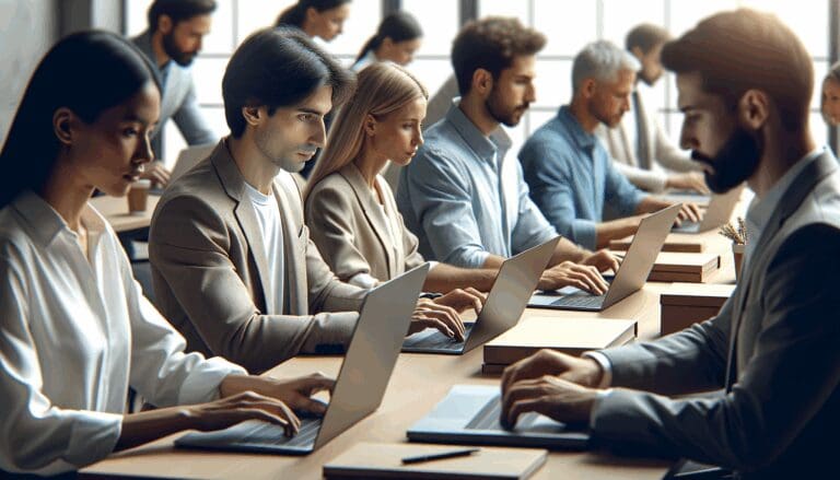 Primer plano de emprendedores trabajando frente a laptops en una oficina moderna