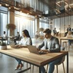 Coworking moderno con emprendedores latinos trabajando en laptops