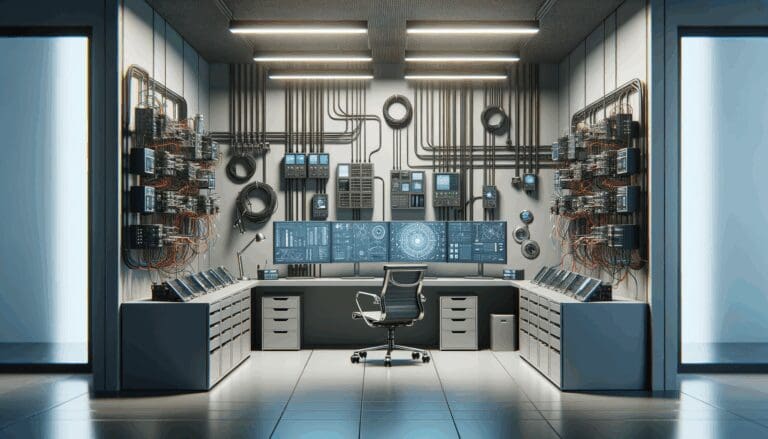 Interior de una oficina tecnológica con cables, sensores y dispositivos eléctricos conectados entre sí