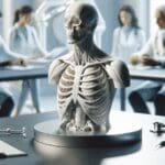Primer plano de un modelo anatómico en 3D impreso para uso médico sobre una mesa de trabajo futurista