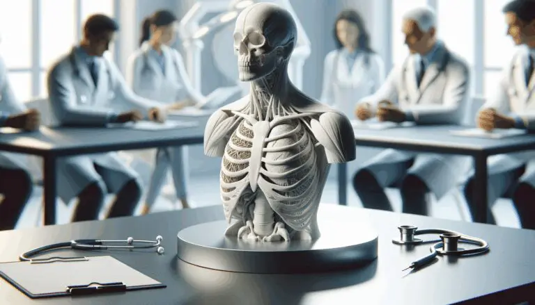 Primer plano de un modelo anatómico en 3D impreso para uso médico sobre una mesa de trabajo futurista