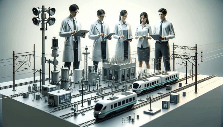 Equipo de ingenieros en un laboratorio tecnológico trabajando con sensores y sistemas ferroviarios