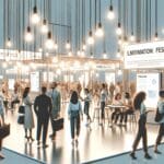 Asistentes explorando stands tecnológicos en un festival de innovación