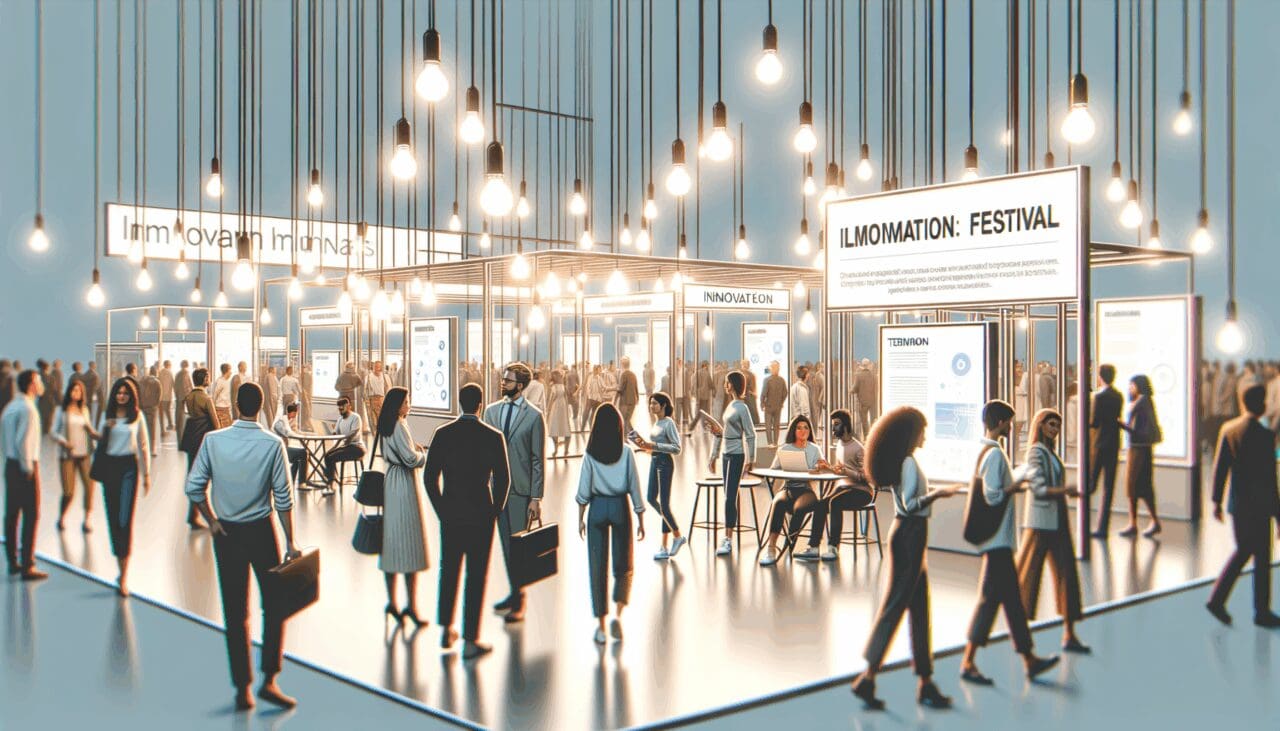 Asistentes explorando stands tecnológicos en un festival de innovación