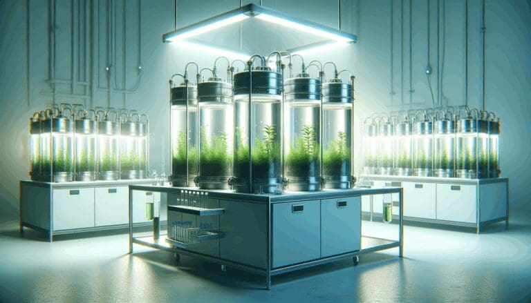Laboratorio moderno con tanques de cultivo de microalgas iluminados con luz artificial