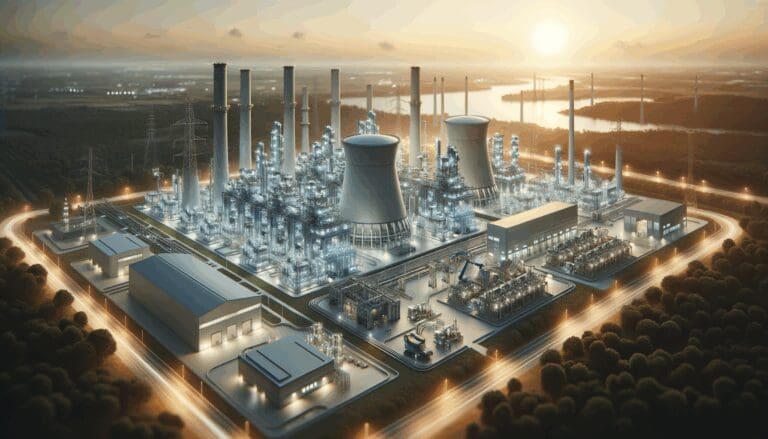 Planta de energía avanzada rodeada de equipos tecnológicos futuristas y naturaleza, al atardecer