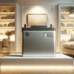 Primer plano de una batería doméstica moderna en ambiente residencial, con estética limpia y tecnológica