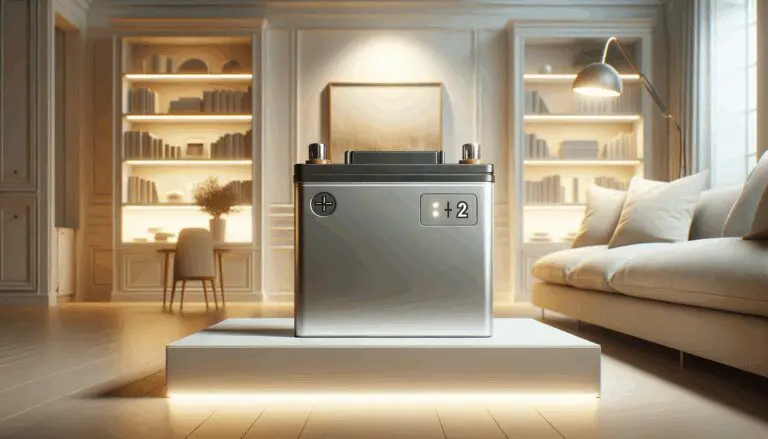 Primer plano de una batería doméstica moderna en ambiente residencial, con estética limpia y tecnológica